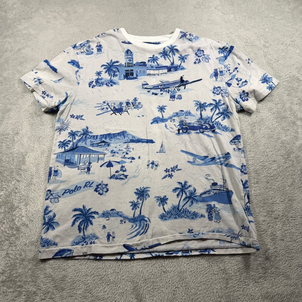 Polo Ralph Lauren Crewneck T-Shirt Men Medium White AOP Hawaii Aloha Tower Bear